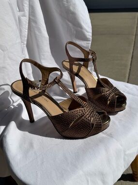 Bronze T-Strap High Heel Sandals